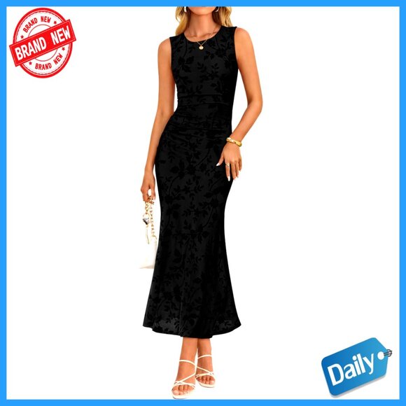 Dresses & Skirts - Sleeveless Floral Maxi Dress Ruched Waist Mermaid Hem Cocktail Party